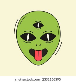Psychedelic vector drawing of trippy alien head. Groovy ufo character icon. 70s and 80s style funky design. Abstract acid art sticker