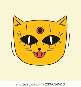 Psychedelic vector drawing of trippy cat head. Groovy animal character icon. 70s and 80s style funky design. Abstract acid art sticker