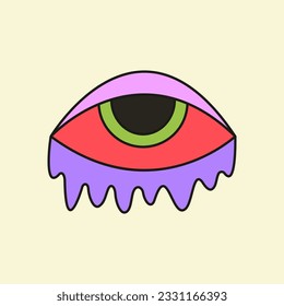 Dibujo psicodélico vectorial del ojo trippy. Icono esotérico groovy. Diseño original de estilo de los años 60 y 70. Pegatina de arte abstracto
