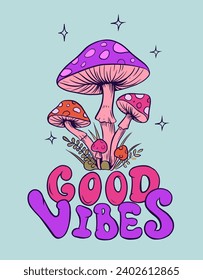 Psychedelic vector illustration with amanita, cartoon mushrooms. Hippie hand drawn retro 60s nostalgic poster, card, t-shirt print vector 