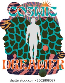 A psychedelic vector illustration blending abstract patterns, human silhouettes, and cosmic elements, perfect for those who seek to explore the universe within.