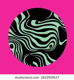 Psychedelic vector illustration with a circular shape featuring wavy green and black patterns on a vibrant pink background, creating a bold, modern, and abstract look.