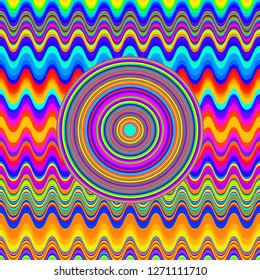 a psychedelic vector illustration with a colorful circle on a wavy background. 