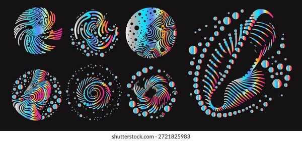 La Ilustración vectorial psicodélica muestra una colección de diseños abstractos circulares con tentáculos orgánicos fluidos, espirales arremolinadas, burbujas y distorsiones onduladas en vibrantes Gradientes arcoíris de rosa, púrpura, azul y naranja sobre negro. Ilustración vectorial conceptual para arte psicodélico, abstracción fluida, patrones surrealistas y temas orgánicos cósmicos.