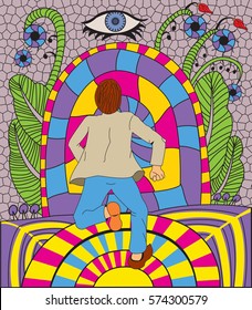 Psychedelic vector illustration of a man running to the tunnel