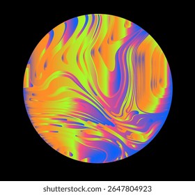 Psychedelic vector illustration of round sphere with vivid neon blue, pink, and yellow swirling fluid shapes on black, giving a futuristic liquid chrome vibe.