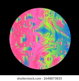 Psychedelic vector illustration of a round sphere with neon green, pink, blue fluid stripes and abstract shapes on black, creating a vibrant, wavy look.