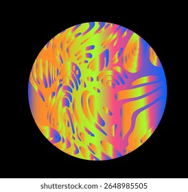 Psychedelic vector illustration of a round sphere with neon orange, green, pink, blue fluid stripes and abstract shapes on black, creating a vibrant, wavy look.