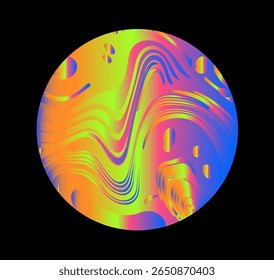 Psychedelic vector illustration of a round sphere with neon fluid stripes and abstract shapes on black, creating a vibrant, wavy look.