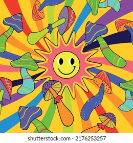 Psychedelic vector illustration with trippy mushrooms and smiling cartoon sun. Good vibes 1970. Trippy acid illustration with mushrooms