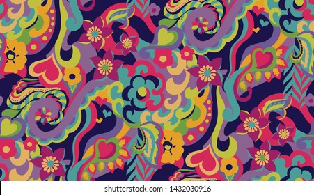 Psychedelic Vector Repeat Print in Bold Bright Colors with Hearts and Curvy Swirls.