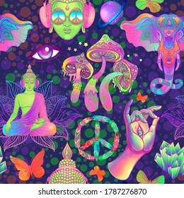  Psychedelic Vector Seamless Pattern: Trippy Mushrooms, Peace Sign, Acid Buddha, Butterflies, All-seeing Eye, Mandala. Background With Stoned Trippy Drug Elements In Cartoon Comic Style.