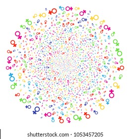 Psychedelic Venus Symbol carnival cluster. Vector cluster fireworks created with random venus symbol items. Bright Vector illustration.