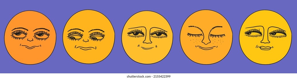 Psychedelic vintage smiley - retro set. Psychedelic 1970 good vibes - sunshine face. Trippy acid moon. Funky stickers, groovy face characters. Yellow hippie vector sun. Quirky emotions