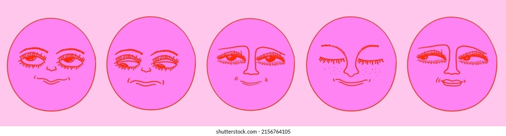 Psychedelic vintage smiley - retro set. Psychedelic 1970 good vibes - sunshine face. Trippy acid moon. Funky stickers, groovy face characters.Pink hippie vector sun. Quirky emotions