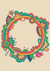 Psychedelic Vintage Style Floral Circle Frame Background