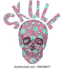 Psychedelic violet skull with blue flowers.