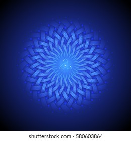 psychedelic volumetric luminous mandala, decorated with geometric patterns and symbol of atom, vector illustration