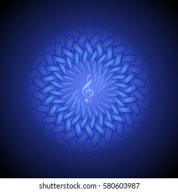 psychedelic volumetric luminous mandala, decorated with geometric patterns and beautiful treble clef, vector illustration