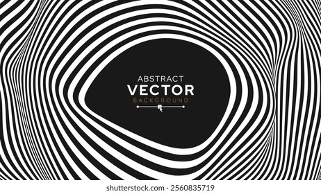 Psychedelic Warped Circles Lines Optical Illusion Texture. Abstract Geometric Background Vector Design. Abstract Black and White Optical Illusion Surrealism Tunnel Portal Vector Illustration.