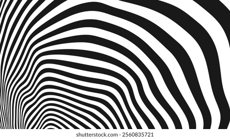 Psychedelic Warped Circles Lines Optical Illusion Texture. Abstract Geometric Background Vector Design. Abstract Black and White Optical Illusion Surrealism Tunnel Portal Vector Illustration.