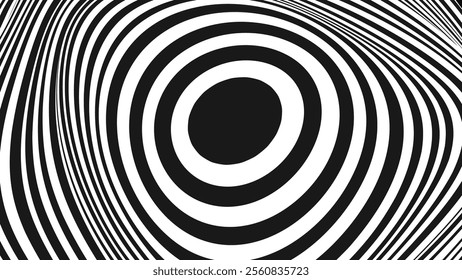 Psychedelic Warped Circles Lines Optical Illusion Texture. Abstract Geometric Background Vector Design. Abstract Black and White Optical Illusion Surrealism Tunnel Portal Vector Illustration.