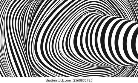 Psychedelic Warped Circles Lines Optical Illusion Texture. Abstract Geometric Background Vector Design. Abstract Black and White Optical Illusion Surrealism Tunnel Portal Vector Illustration.