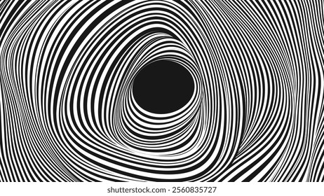 Psychedelic Warped Circles Lines Optical Illusion Texture. Abstract Geometric Background Vector Design. Abstract Black and White Optical Illusion Surrealism Tunnel Portal Vector Illustration.