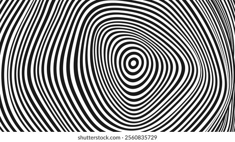 Psychedelic Warped Circles Lines Optical Illusion Texture. Abstract Geometric Background Vector Design. Abstract Black and White Optical Illusion Surrealism Tunnel Portal Vector Illustration.