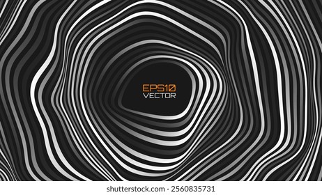 Psychedelic Warped Circles Lines Optical Illusion Texture. Abstract Geometric Background Vector Design. Abstract Black and White Optical Illusion Surrealism Tunnel Portal Vector Illustration.