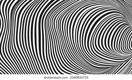 Psychedelic Warped Circles Lines Optical Illusion Texture. Abstract Geometric Background Vector Design. Abstract Black and White Optical Illusion Surrealism Tunnel Portal Vector Illustration.