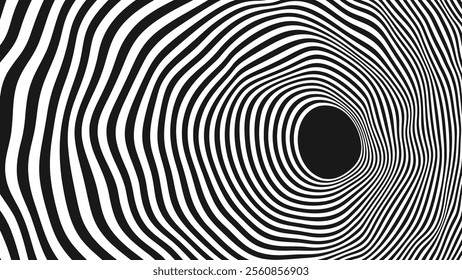 Psychedelic Warped Circles Lines Optical Illusion Texture. Abstract Geometric Background Vector Design. Abstract Black and White Optical Illusion Surrealism Tunnel Portal Vector Illustration.