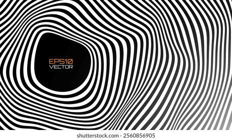 Psychedelic Warped Circles Lines Optical Illusion Texture. Abstract Geometric Background Vector Design. Abstract Black and White Optical Illusion Surrealism Tunnel Portal Vector Illustration.