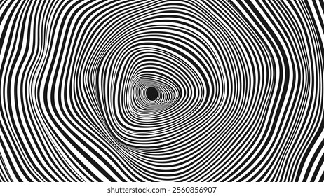 Psychedelic Warped Circles Lines Optical Illusion Texture. Abstract Geometric Background Vector Design. Abstract Black and White Optical Illusion Surrealism Tunnel Portal Vector Illustration.