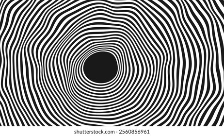 Psychedelic Warped Circles Lines Optical Illusion Texture. Abstract Geometric Background Vector Design. Abstract Black and White Optical Illusion Surrealism Tunnel Portal Vector Illustration.