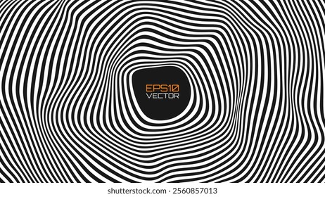 Psychedelic Warped Circles Lines Optical Illusion Texture. Abstract Geometric Background Vector Design. Abstract Black and White Optical Illusion Surrealism Tunnel Portal Vector Illustration.