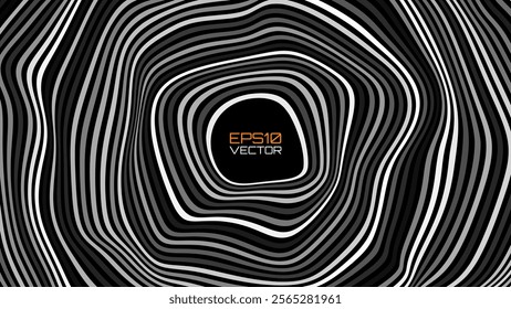 Psychedelic Warped Circles Lines Optical Illusion Texture. Abstract Geometric Background Vector Design. Abstract Black and White Optical Illusion Surrealism Tunnel Portal Vector Illustration.