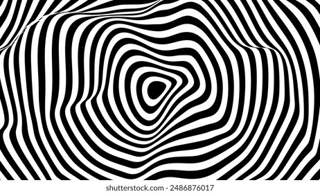 Psychedelic Warped Lines Optical Illusion Texture. Abstract Geometric Background Vector Design. Black and White Modern Pattern Op Art Illustration.