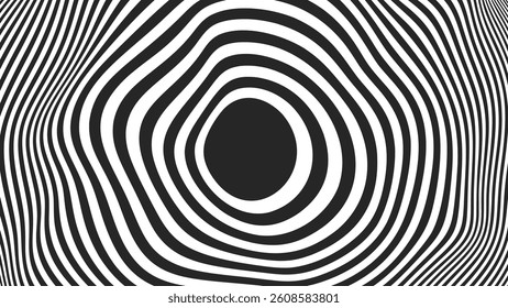 Psychedelic Warped Lines Optical Illusion Texture. Abstract Geometric Background Vector Design. Black and White Modern Pattern Op Art Illustration.