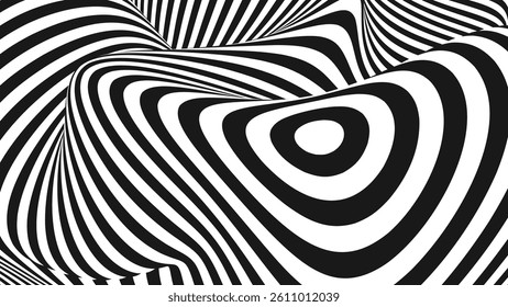 Psychedelic Warped Lines Optical Illusion Texture. Abstract Geometric Background Vector Design. Black and White Modern Pattern Op Art Illustration.