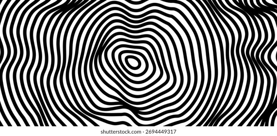 Textura De Ilusão Óptica De Linhas Deformadas Psicodélicas. Projeto de Vetor de Fundo Geométrico Abstrato. Ilustração de arte moderna do padrão preto e branco.

