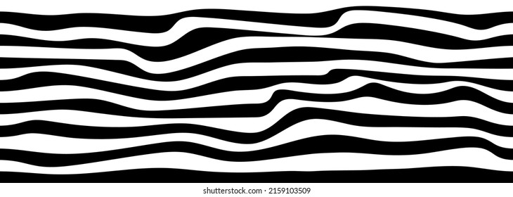 Psychedelic wave optical illusion. Abstract vector distorted background with black and white lines. Op art pattern textures.