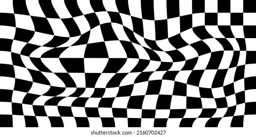 Psychedelic wave optical illusion. Abstract vector distorted background with black and white square cells. Op art pattern textures.