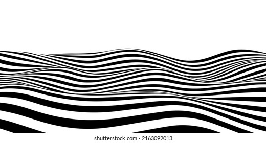 Ilusión óptica de onda psicodélica. Resumen vectorial distorsionado fondo con líneas en blanco y negro. Texturas de patrones de arte visual.