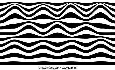 Ilusión óptica de onda psicodélica. Resumen vectorial distorsionado fondo con líneas en blanco y negro. Texturas de patrones de arte visual.
