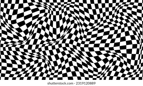 Psychedelic wave optical illusion. Abstract vector distorted background with black and white square cells. Op art pattern textures.