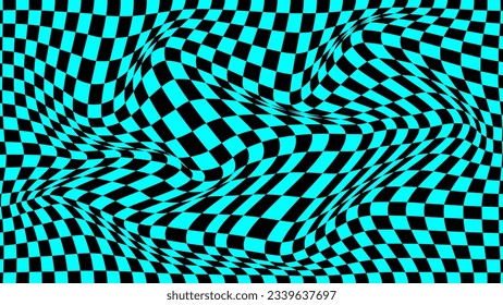Psychedelic wave optical illusion. Abstract vector distorted background with black and blue square cells. Op art pattern textures.