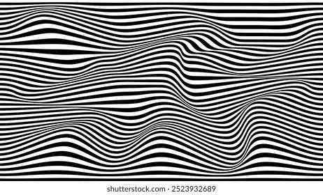 Ilusão óptica de onda psicodélica. Vetor abstrato distorcido plano de fundo com linhas pretas e brancas. Texturas de padrão de Op art.