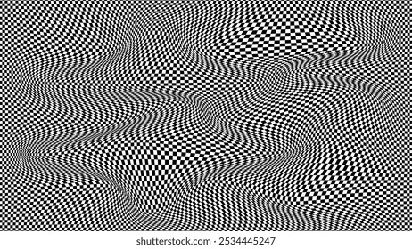 Ilusão óptica de onda psicodélica. Vetor abstrato plano de fundo distorcido com células quadradas pretas e brancas. Texturas de padrão de Op art.