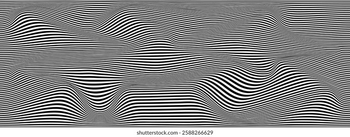 Psychedelic wave optical illusion. Abstract vector distorted background with black and white lines. Op art pattern textures.